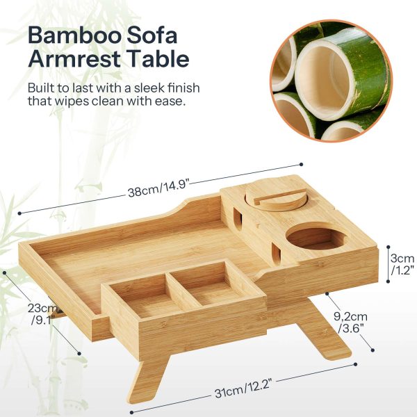 Vassoio braccio divano naturale - 6 In 1 Tavolo di bracciolo divano, Clip del braccio di divano in legno massiccio sulla tavola laterale con supporto a 360 ° ruotato e vassoio snack rimovibile, Vassoio porta per tazza di divano di bambù per bevande, Remoto
