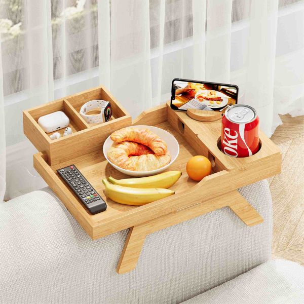 Vassoio braccio divano naturale - 6 In 1 Tavolo di bracciolo divano, Clip del braccio di divano in legno massiccio sulla tavola laterale con supporto a 360 ° ruotato e vassoio snack rimovibile, Vassoio porta per tazza di divano di bambù per bevande, Remoto