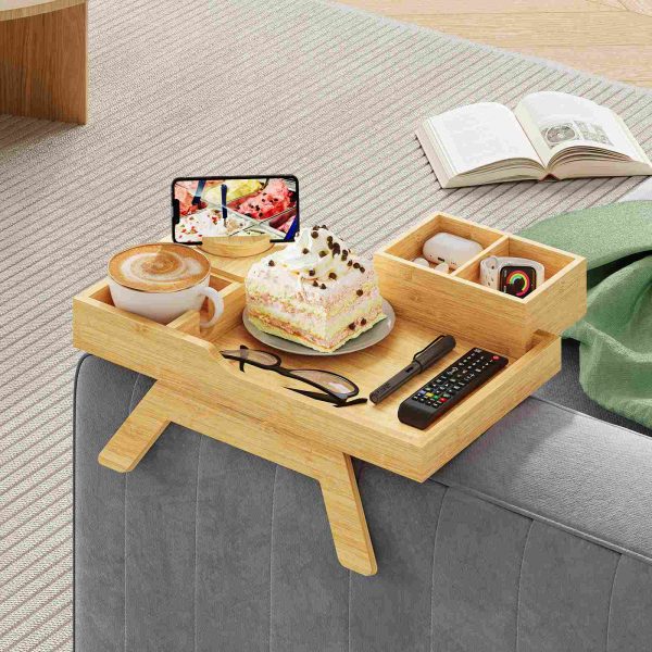 Vassoio braccio divano naturale - 6 In 1 Tavolo di bracciolo divano, Clip del braccio di divano in legno massiccio sulla tavola laterale con supporto a 360 ° ruotato e vassoio snack rimovibile, Vassoio porta per tazza di divano di bambù per bevande, Remoto