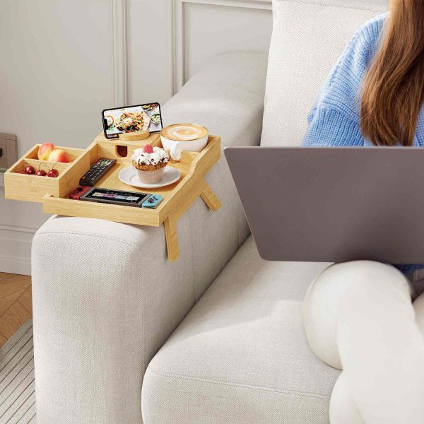 Vassoio braccio divano naturale - 6 In 1 Tavolo di bracciolo divano, Clip del braccio di divano in legno massiccio sulla tavola laterale con supporto a 360 ° ruotato e vassoio snack rimovibile, Vassoio porta per tazza di divano di bambù per bevande, Remoto
