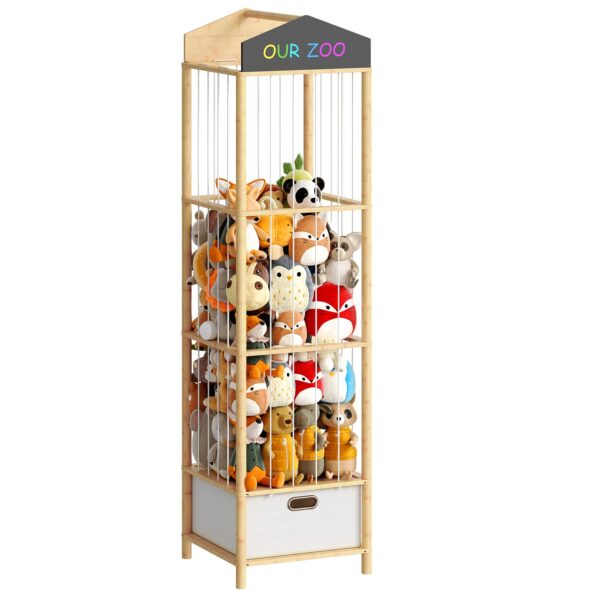 HOOBRO Stuffed Animal Storage & Organizer, Bamboo Stuffed Animal Holder with Fabric Drawer and DIY Chalkboard, Plush Toy Organizer for Playroom, Living Room, Nursery, Natural and Beige