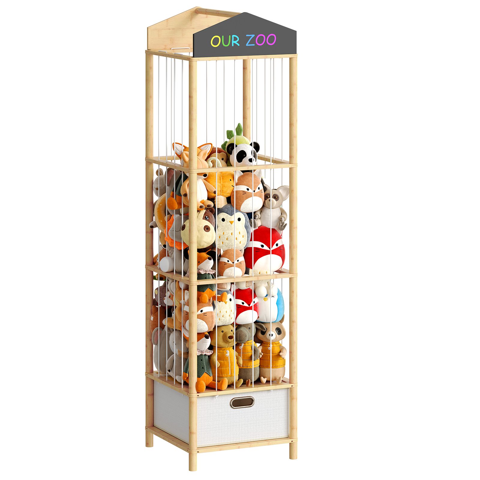 HOOBRO Stuffed Animal Storage & Organizer, Bamboo Stuffed Animal Holder with Fabric Drawer and DIY Chalkboard, Plush Toy Organizer for Playroom, Living Room, Nursery, Natural and Beige