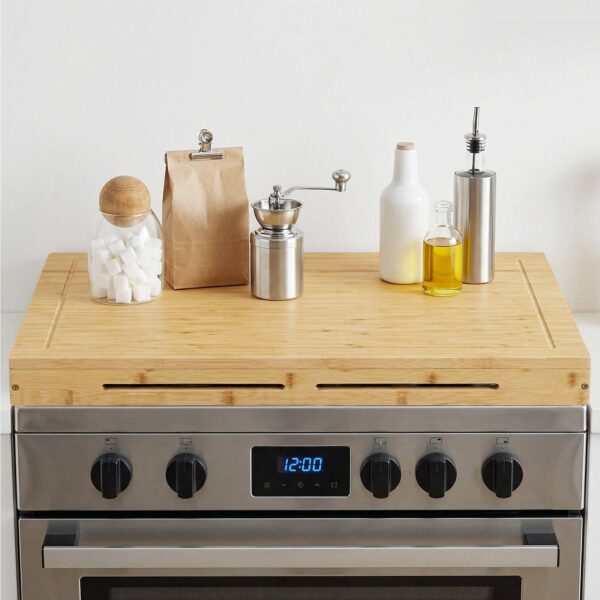 Natural Bamboo Stove Top Cover, Model Multi-Functional Noodle Board Compatible with Electric Stoves & Gas Burners, Food-Grade Cutting Board for Kitchen Counter/Sink/Oven