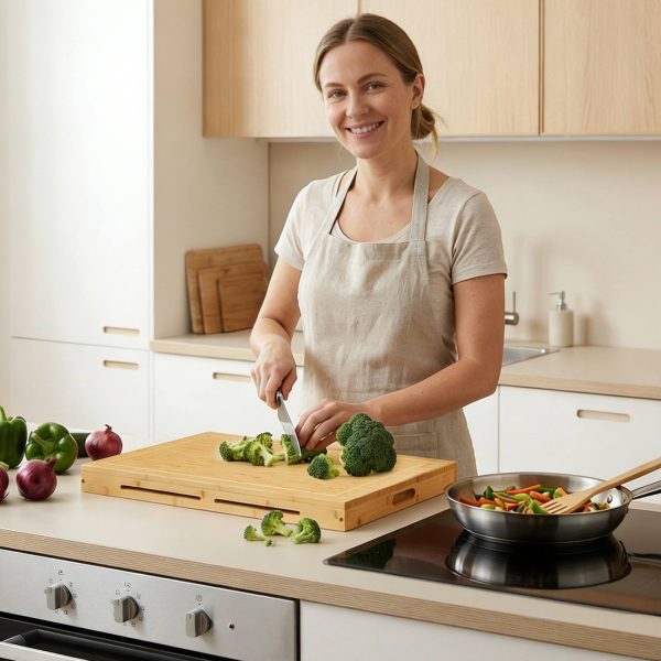 Natural Bamboo Stove Top Cover, Model Multi-Functional Noodle Board Compatible with Electric Stoves & Gas Burners, Food-Grade Cutting Board for Kitchen Counter/Sink/Oven