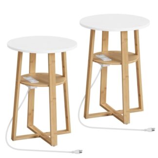Set of 2 Round Side Tables with Charging Station, Round Accent End Table with Bamboo Legs for Living Room, Bedroom, White and Natural