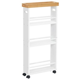 4-عربة تخزين رفيعة المستوى مع عجلات, عربة المطبخ المتداول من الخيزران مع صينية قابلة للإزالة, عربة الغسيل مع منظم رفوف مفتوح للمساحات الصغيرة في غرفة النوم, مطبخ, مغسلة, أبيض