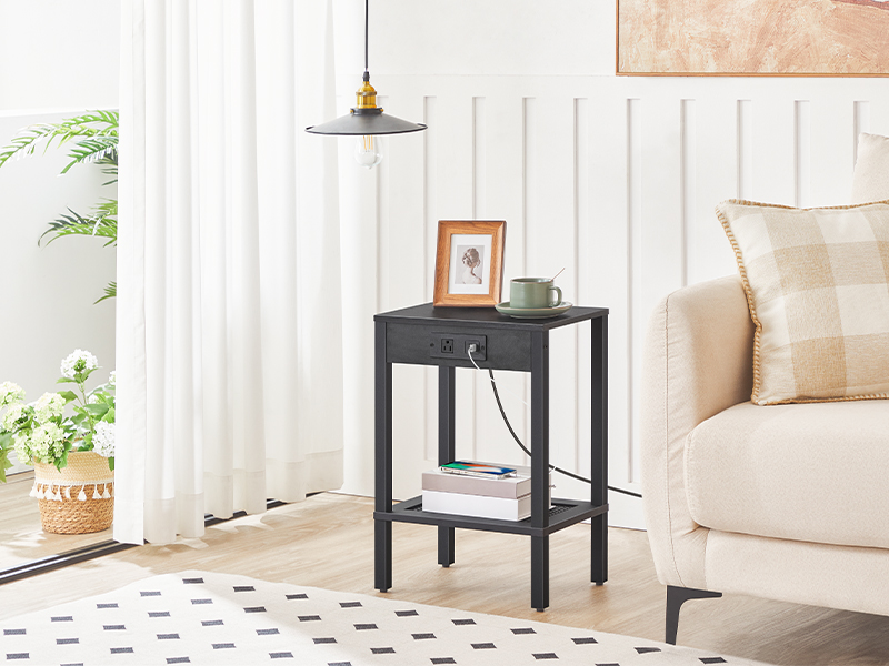 Side Table with Charging Station (Set of 2), End Table Equipped with USB Ports and AC Outlet, Nightstand with 2-Tier Storage Shelf, Faux Rattan Decoration, Suitable for Small Spaces, Black