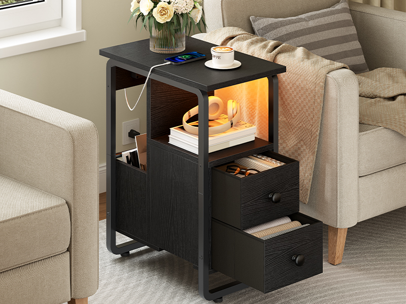 Narrow End Table with Charging Station and LED Lights, Black Slim Nightstand with 2 Fabric Drawers and Open Shelves, Suitable for Living Room and Bedroom