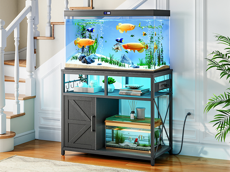 90 -115L Fish Tank Stand with Power Outlet and LED Light, Metal Frame Aquarium Stand with Cabinet Storage, Suitable for Reptile and Turtle Tanks, 199.58kg Load Capacity, Black