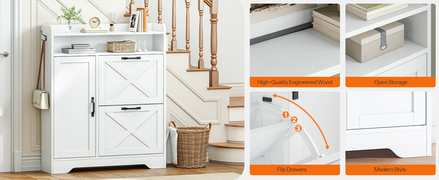 Entryway Shoe Storage Cabinet, Wooden Shoe Organizer with 2 Flip Drawers, Narrow Shoe Cabinet with Adjustable Side Compartments, White Finish