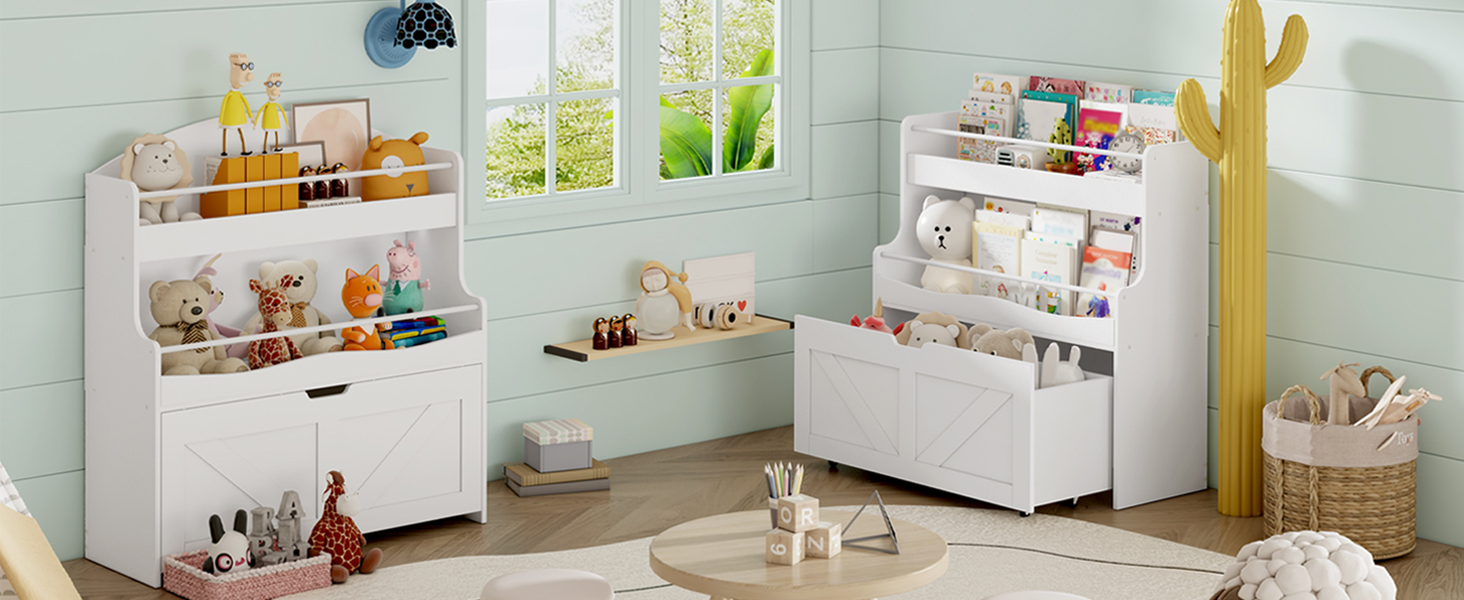 White Children's Bookshelf and Toy Storage Organizer, Equipped with Movable Drawer and Crossbar, Multi-Functional Bookcase for Display, Suitable for Playroom or Nursery