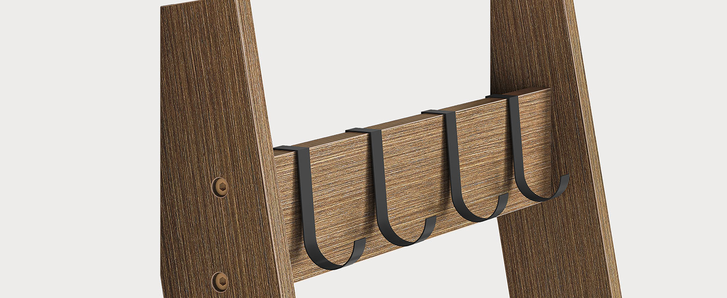 HOOBRO Blanket Ladder for Living Room and Bedroom, 5-Tier Wall Leaning Towel Rack for Bathroom, Decorative Ladder Shelf with 4 Removable Hooks, Farmhouse Blanket Storage, Mocha