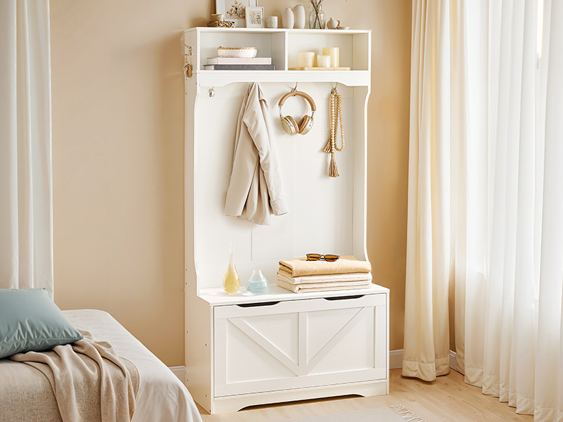 Entryway Hall Tree with Integrated Bench & Shoe Storage, Coat Rack with Flip-Down Cabinet Door, Multi-Functional Storage Solution for Mud Room, White Finish