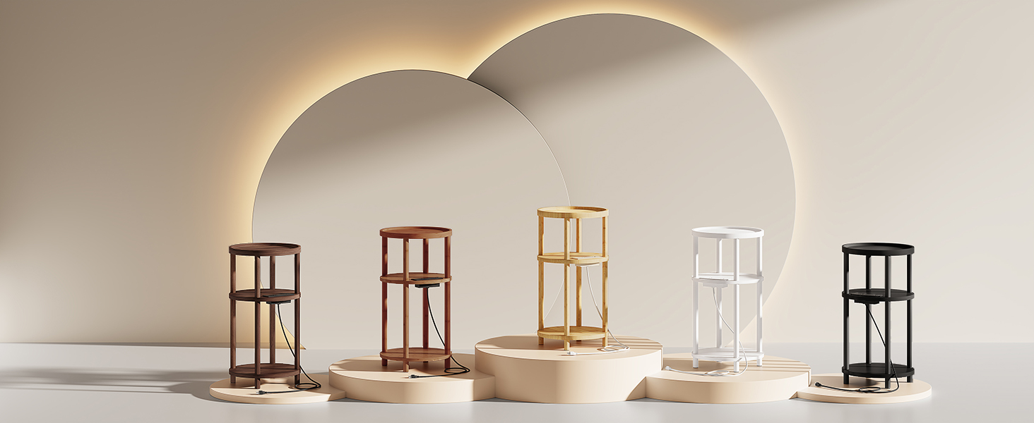 HOOBRO Small Round Side Table with Charging Station, 3-Tier Round Bamboo End Table, Compact Sofa Bedside Table for Small Space, Easy Assembly, for Living Room, Bedroom, Apartment, Natural