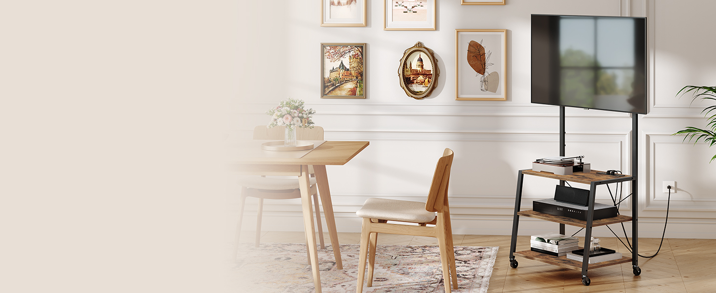 Rolling TV Stand with Mount and Power Outlet, Compatible with Up to 55-Inch TVs, Rustic Brown & Black Corner Entertainment Center with 3-Tier Storage Shelves for Living Room and Bedroom