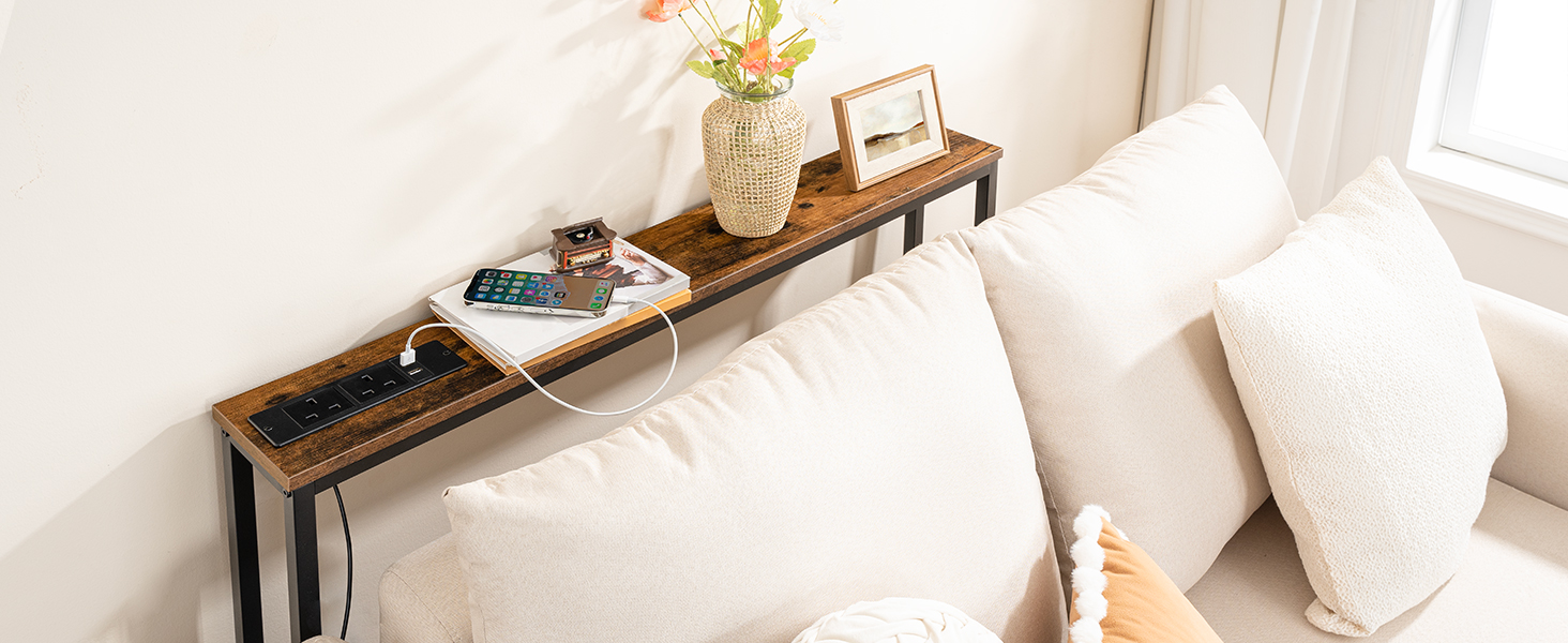 Slim Console Table ze stacją ładowania, Stół korytarzy z porty USB i punktami zasilającymi, 100 cm długi, wąska sofa/za stolikiem na kanapie do wejścia, małe przestrzenie, Rustykalny brąz