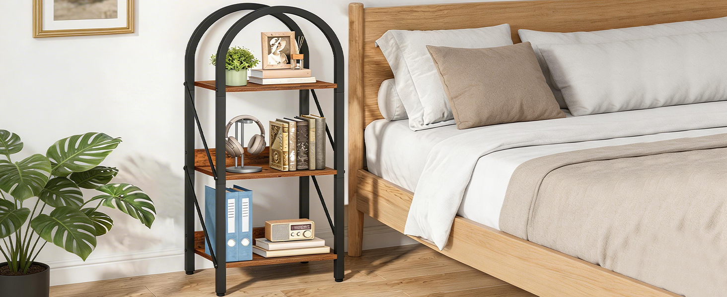 3-Tier Arched Industrial Bookshelf, Rustic Brown & Black Metal-Frame Display Rack & Storage Organizer, Suitable for Living Room, Office and Bedroom