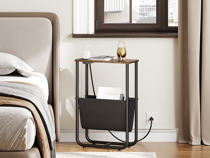 schmuel Enn Dësch mat Opluedstatioun, Slim Säit Table mat Späichere, dënn End Dësch mam Magazinhalter, schmuel Enn Dësch, Nuetsstand fir Schlofkummer, Wunnzëmmer, rustikal brong