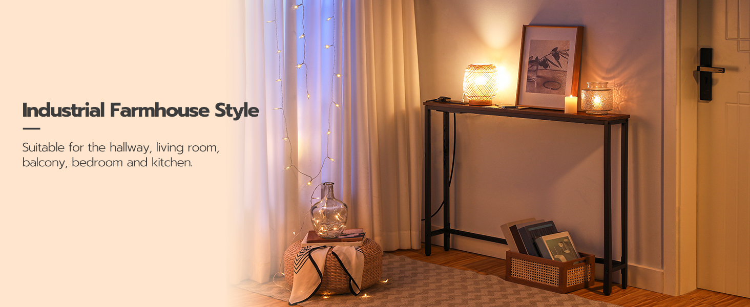 Slim Console Table ze stacją ładowania, Stół korytarzy z porty USB i punktami zasilającymi, 100 cm długi, wąska sofa/za stolikiem na kanapie do wejścia, małe przestrzenie, Rustykalny brąz