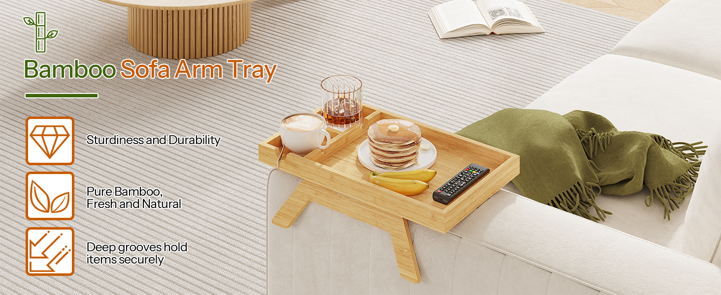 طاولة صينية مسند ذراع لأريكة الخيزران, طاولة جانبية على شكل أريكة بمشبك مع حاملات أكواب مزدوجة, صينية تخزين متعددة الوظائف للمشروبات, الوجبات الخفيفة وأجهزة التحكم عن بعد, لمسة نهائية من الخيزران الطبيعي