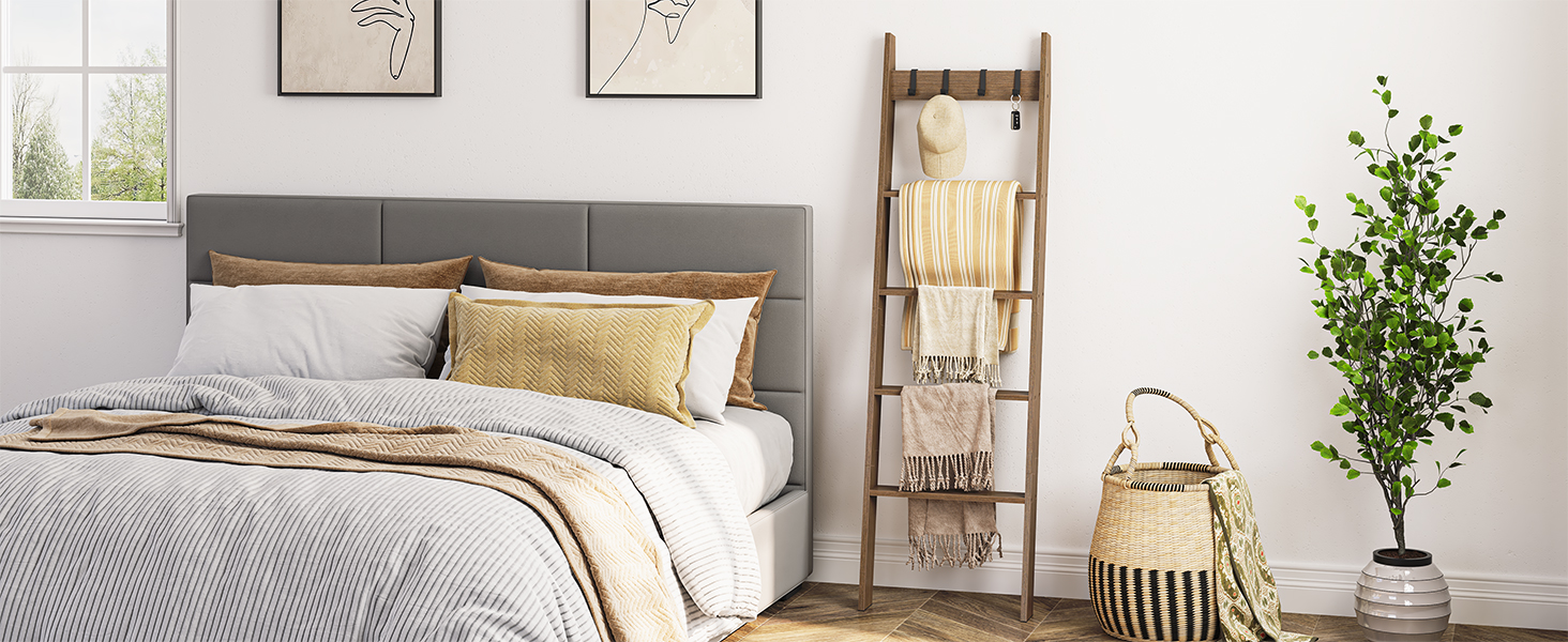 HOOBRO Blanket Ladder for Living Room and Bedroom, 5-Tier Wall Leaning Towel Rack for Bathroom, Decorative Ladder Shelf with 4 Removable Hooks, Farmhouse Blanket Storage, Mocha