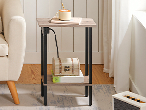 HOOBRO Narrow Side Table, 2-Tier Slim End Table with Charging Station, Skinny Nightstand with Open Storage, for Small Spaces, Living Room, Bedroom, Study, Grey and Black