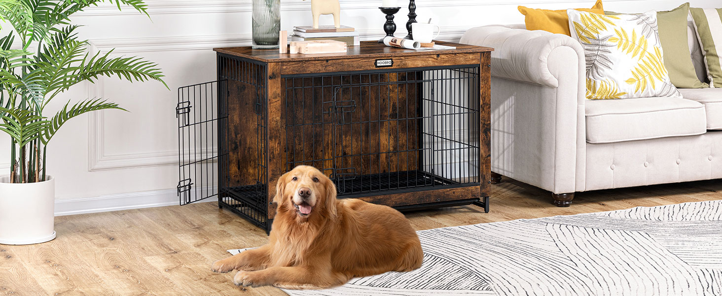 Hëlzent Hond Crate Miwwelen, XXXL Pet Cage mat Pull-Out Schacht, Multifunktionell Enn Dësch / Nuetsstand fir Indoor Gebrauch, Double-Dier Chew-resistent géint Design gëeegent fir kleng / mëttel / grouss Hënn