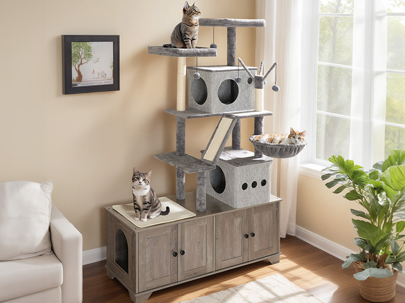 HOOBRO Double Litter Box Enclosure with Cat Tree, 45.3" L x 17.7" W x 68.9" H All-in-One Modern Cat Tower with Bed, Hidden Litter Box Enclosure Furniture, with Hammock, Sisal Posts, Greige