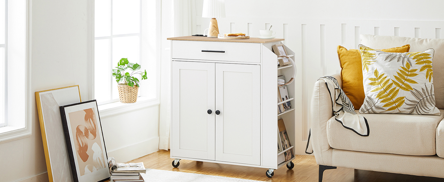 Kitchen Trolley with Worktop, Integrated Power Strip Kitchen Island, Movable Storage Trolley with Drawer and Spice Rack, Wheeled Utility Kitchen Cart