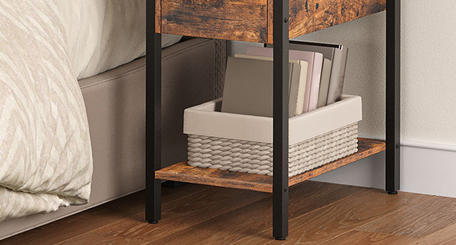 tavolino, Fcip tavolo superiore con scaffale di stoccaggio, Stretto comodino per piccoli spazi in soggiorno, camera da letto, industriale, costruzione stabile e robusta, rustico marrone e nero