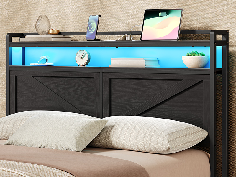 Zagłówek typu queen-size, Zagłówek ze stacją ładującą i listwą świetlną LED, 2-Zagłówek do przechowywania z gniazdami i portami USB, Styl industrialny, do łóżka typu queen -size,