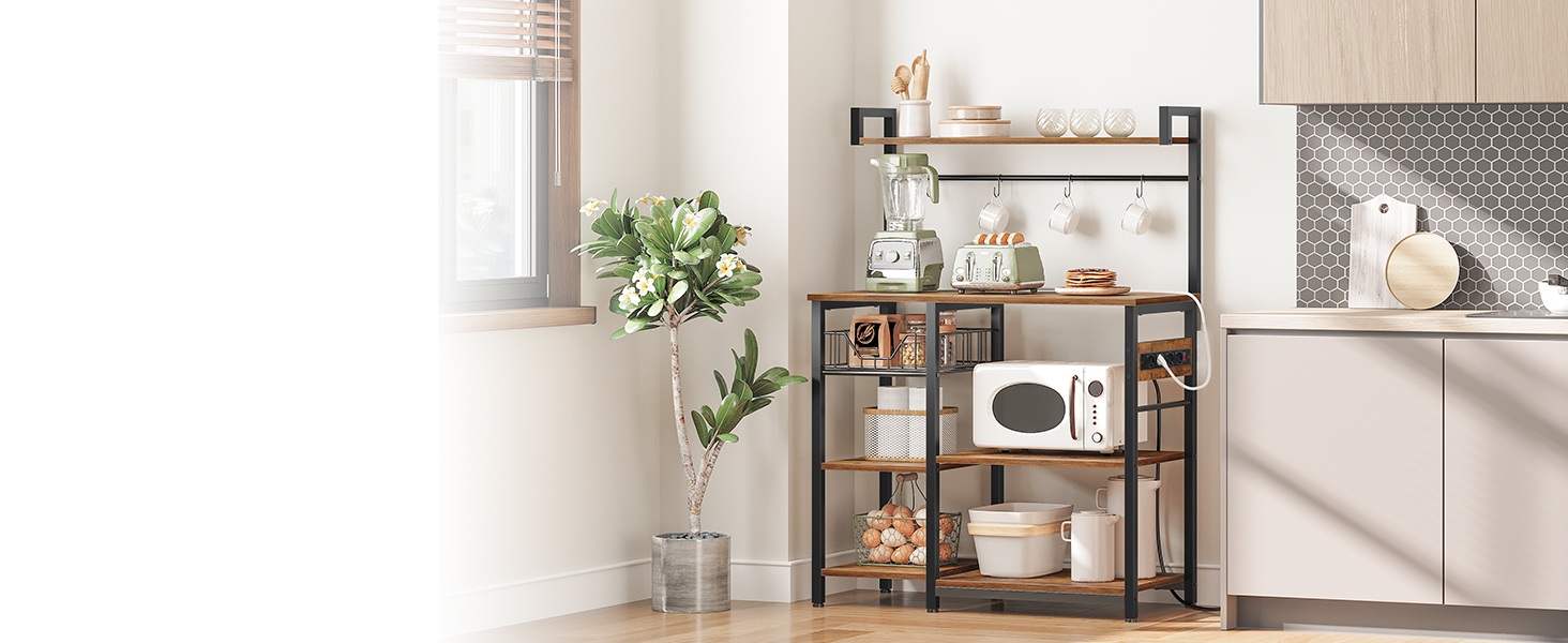 Kitchen Storage Shelf with Power Sockets, Free-Standing Microwave Oven Stand, Equipped with 4 S-Hooks, Rustic Brown & Black