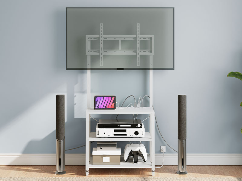 White Mobile TV Stand with Mount and Power Outlet, Compatible with Up to 55-Inch TVs, Corner Entertainment Center with 3-Tier Storage Shelves for Living Room and Bedroom