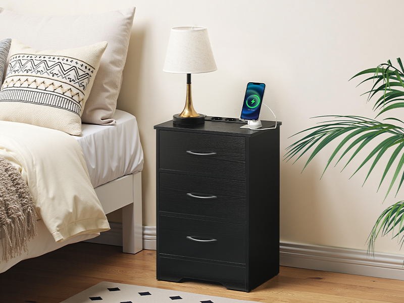 Black Bedside Table with Integrated Charging Station, Slim Side Table with 3 Szuflady z włókniny, 2 Gniazda, 1 USB-A & 1 Type-C Port for Living Room and Bedroom