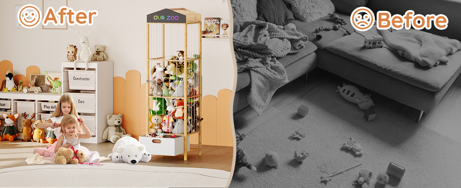 HOOBRO Stuffed Animal Storage & Organizer, Bamboo Stuffed Animal Holder with Fabric Drawer and DIY Chalkboard, Plush Toy Organizer for Playroom, Living Room, Nursery, Natural and Beige