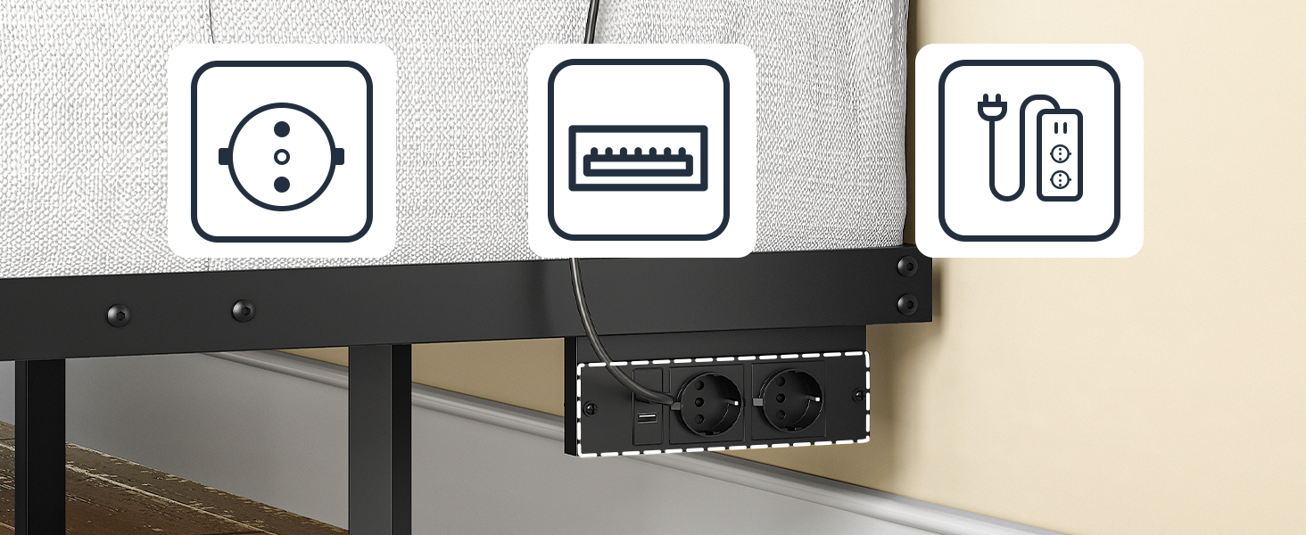 160×200cm Metal Double Bed Frame with LED Lighting and Charging Station, Quiet Stable Guest Bed for Bedroom & Гостевая комната, Легкая сборка, Черный