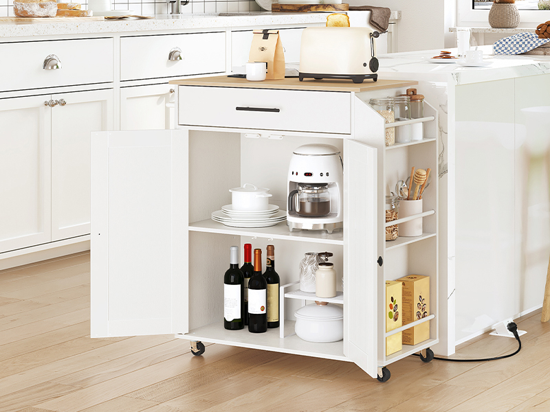Kitchen Trolley with Worktop, Integrated Power Strip Kitchen Island, Movable Storage Trolley with Drawer and Spice Rack, Wheeled Utility Kitchen Cart