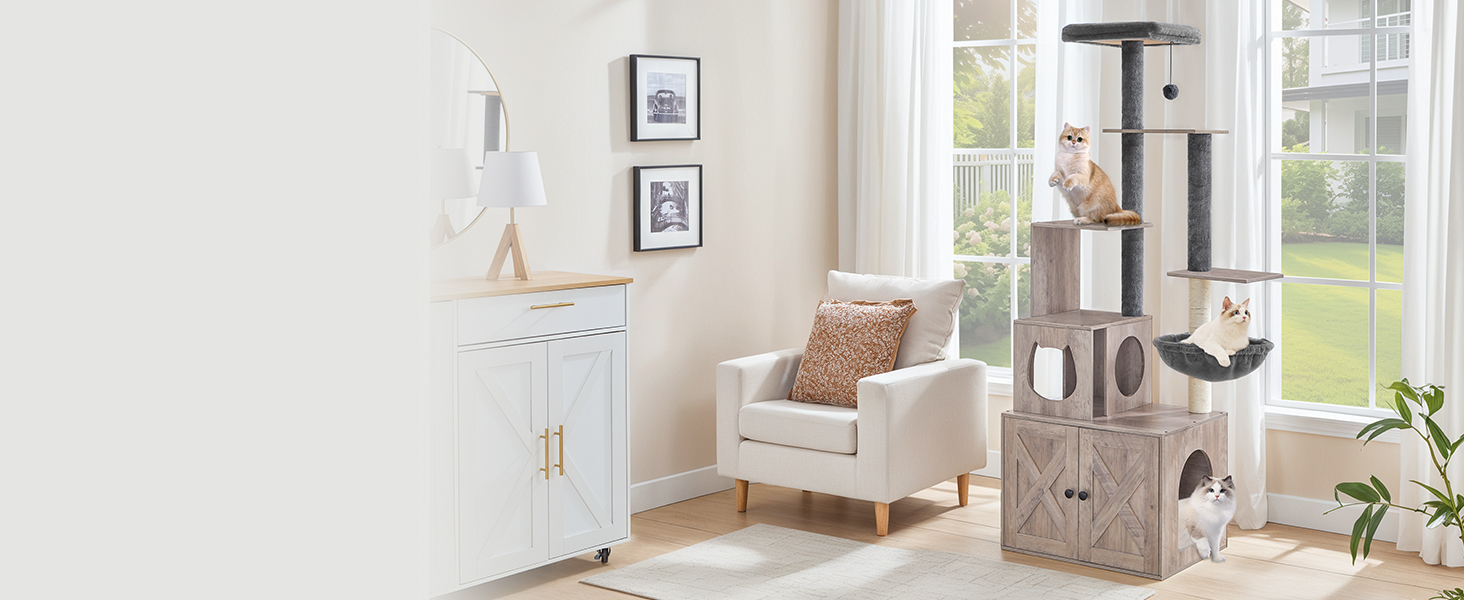 Cat Tree with Litter Box Enclosure, 172.0cm H Wooden Multifunctional Pet Furniture with Hidden Litter Box, Perch, Hammock and Scratching Post, Cat Tower for Indoor Cats, Grey