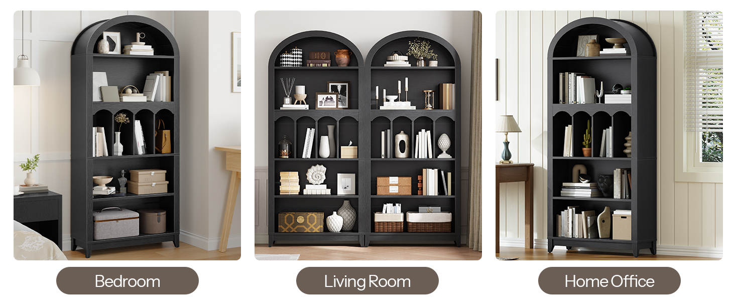 70.9-Palec oblouková knihovna, 5-Otevřená knihovna ve stylu Tier Farmhouse, Dřevěná úložná skříň do obývacího pokoje & Kancelář, Černá povrchová úprava