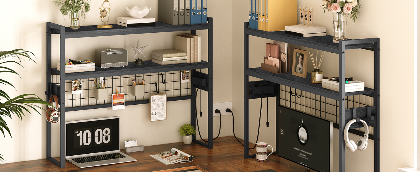 Desktop Bookcase, 2-Tier Desktop Organizer, 95.0cm Wooden Office Storage Rack with Outlets, Display Shelf Rack with Light Strip, Desk Hutch for Office, Black