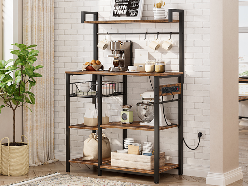 Kitchen Storage Shelf with Power Sockets, Free-Standing Microwave Oven Stand, Equipped with 4 S-Hooks, Rustic Brown & Black
