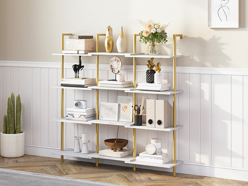 6-Επιτοίχιο ράφι σκάλας Tier DIY, Στενός Χρυσός & Μαρμάρινη Ξύλινη Βιβλιοθήκη, Πολυλειτουργικό ράφι αποθήκευσης οθόνης & Βάση φυτών για σαλόνι, Υπνοδωμάτιο, Μελέτη & Μπαλκόνι