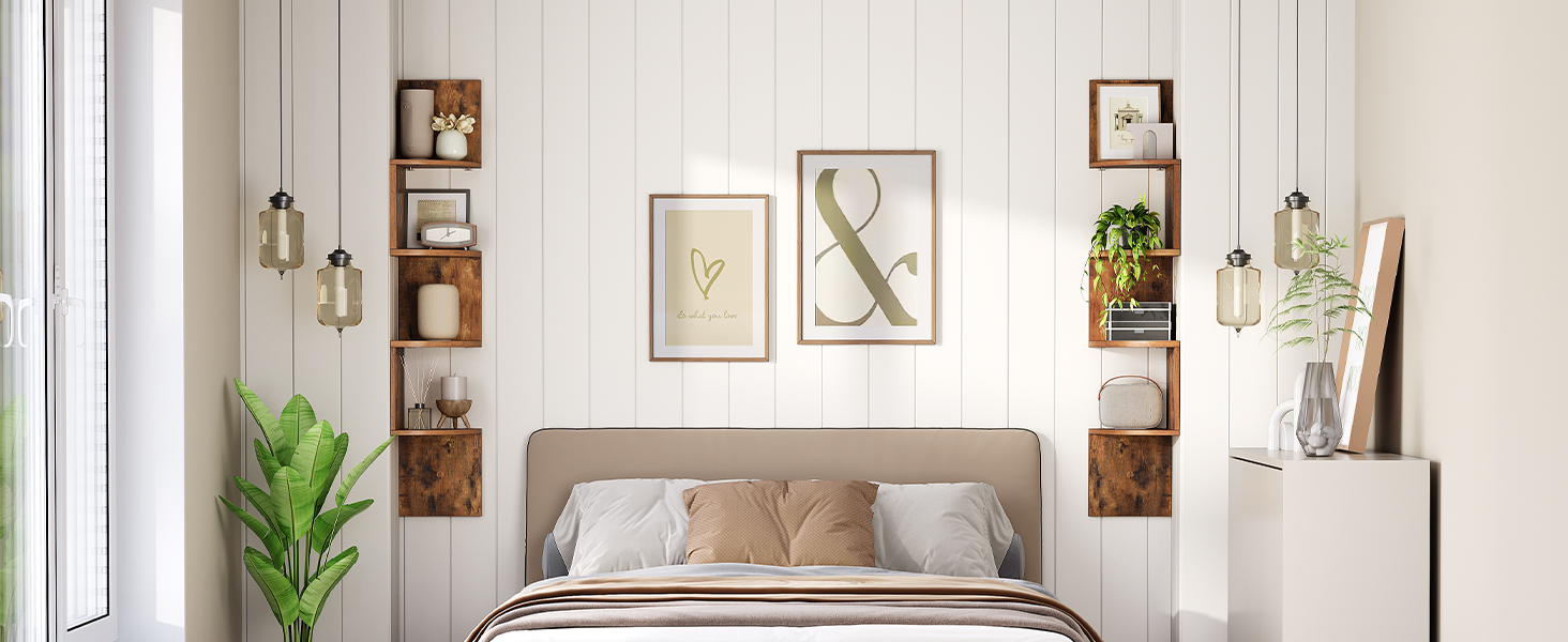 Zestaw 2 Narożne półki wiszące do montażu na ścianie, 4-Regały do przechowywania zygzakowatego poziomu, Organizator wielu scenariuszy do salonu, Sypialnia, Łazienka & ministerstwo spraw wewnętrznych, Rustykalne brązowe wykończenie