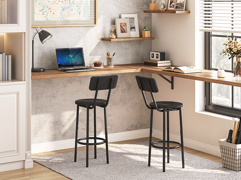 Bar Stools (Set of 2), Round Backrest Bar Chairs, 64.0cm Counter Height Stools for Kitchen Island, Dining Room, Sturdy Construction, Easy Assembly, Black