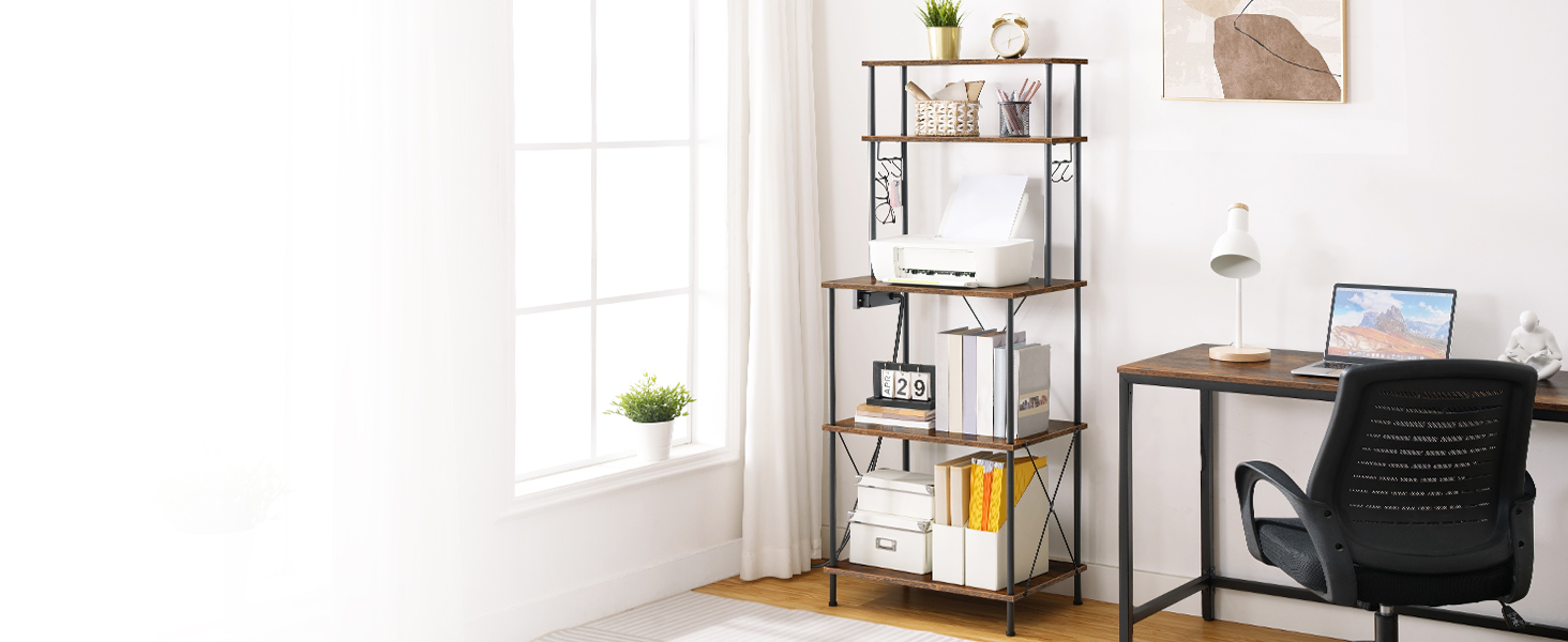 5-Tier Kitchen Baker's Rack with Power Outlets, Microwave Stand & S-Shaped Hooks, Multi-Functional Storage Rack for Coffee Bar, Living Room & Dining Room, Rustic Brown & Black