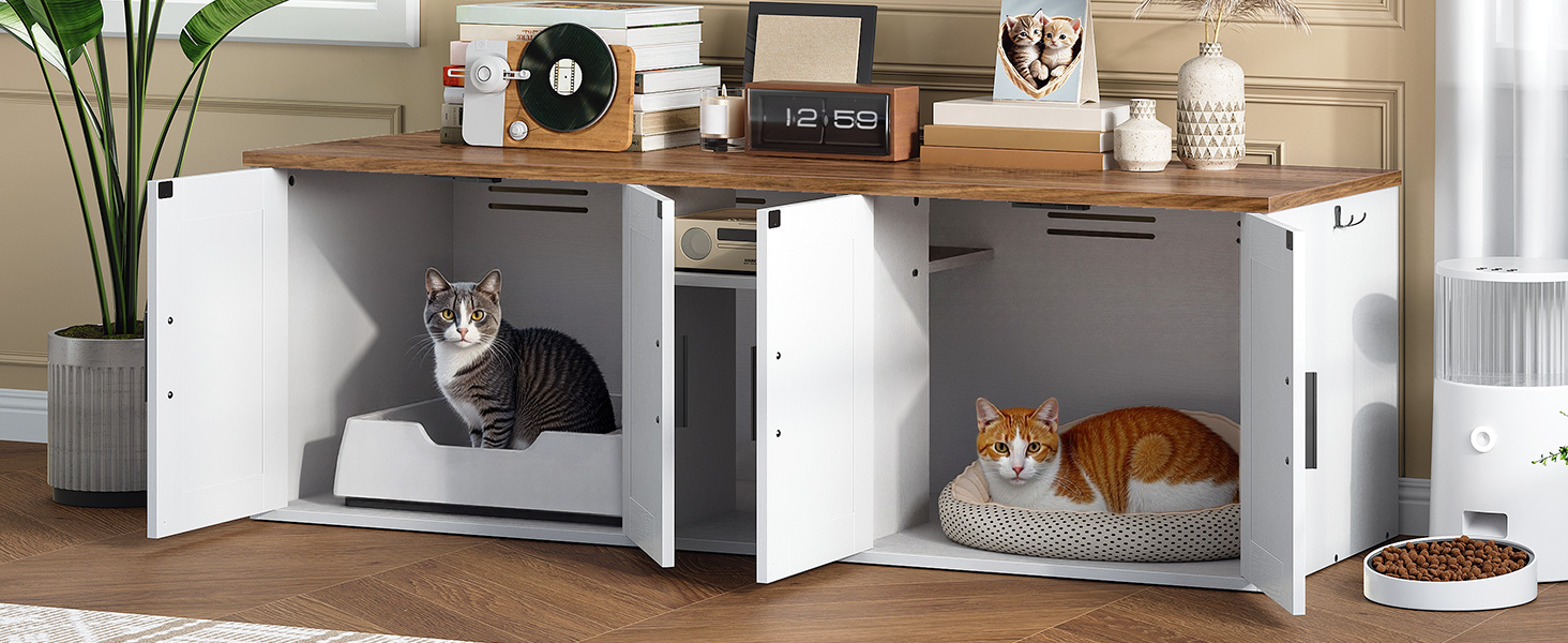 Dubbele kattenbakbehuizing, Verborgen opbergkast met gangontwerp, Houten huisdiermeubilair met bovenste opberglaag & Zijhaken, Wit & Walnoot afwerking