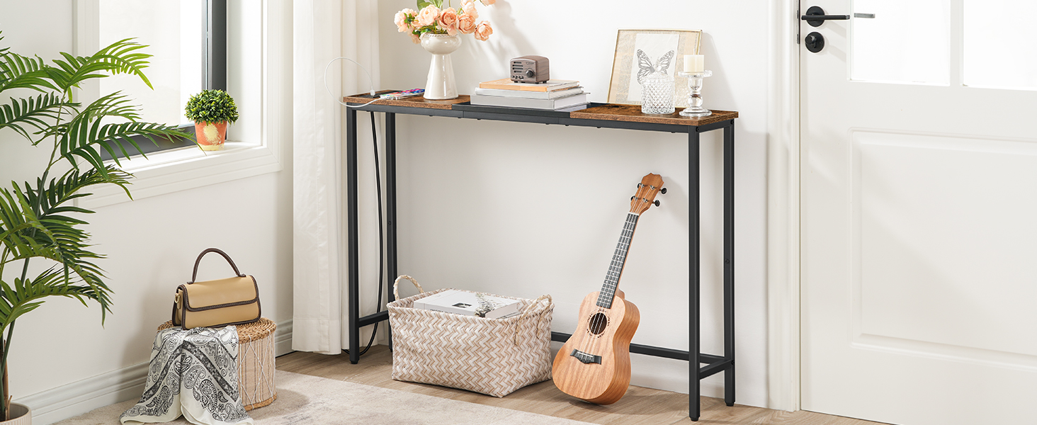 Úzky konzolový stolík s napájacími zásuvkami, 44.9-Palec pohovka, Štíhle za gaučovým stolom, Vchodová displejová polica, pre obývaciu izbu, Foyer, Predsieň, Rustikálna hnedá a čierna