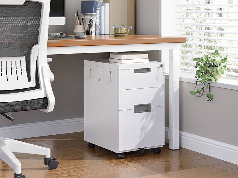 Mobile Lockable Filing Cabinet with 3 Drawers, 5-Wheel Office Storage Container, Desk Base Cabinet Compatible with A4, Legal and Letter Files, White