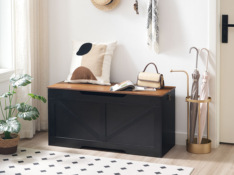 Banc de rangement HOOBRO, 39.4" Coffre de rangement en bois rétro avec traction de découpe en forme de U, Charnière de sécurité, Les soutiens 220 lb et assemblage facile pour organisateur de coffre à jouets (Noir et noix)