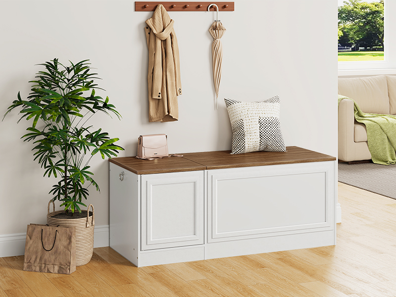 Banc de rangement HOOBRO, 47.2" Coffre à jouets en bois, Coffre à jouets avec charnière de sécurité, Coffre de rangement de style ferme, Banc d